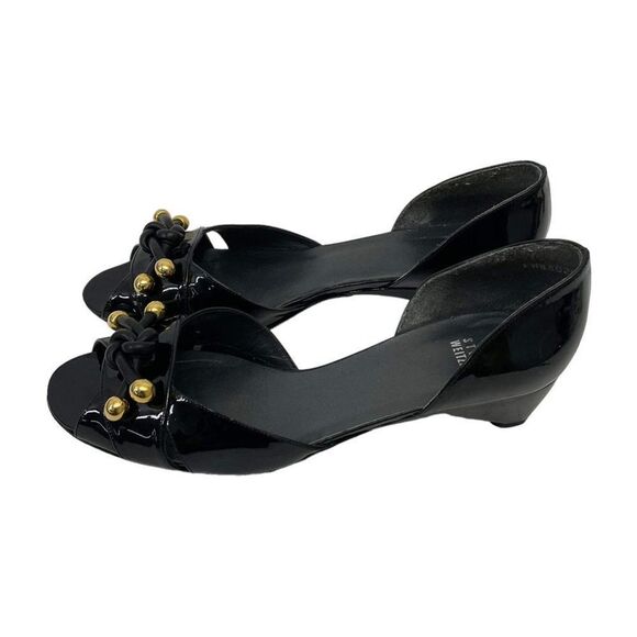 Stuart Weitzman Size 9 Black Patent Leather D'Orsay Peep Toe Cone Heels Sandals - Picture 5 of 10